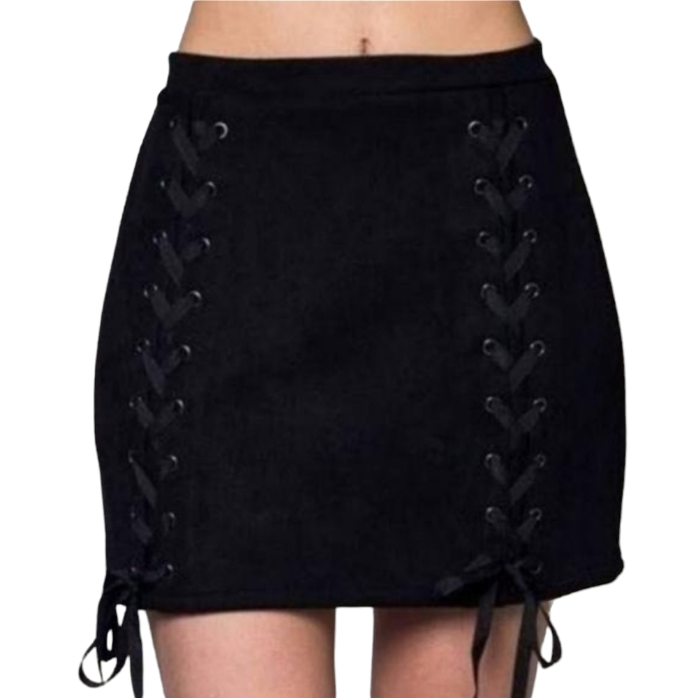 Honey Punch Velvet Skirt Womens Small Black High Waist Lace Up Front Mini Skirt